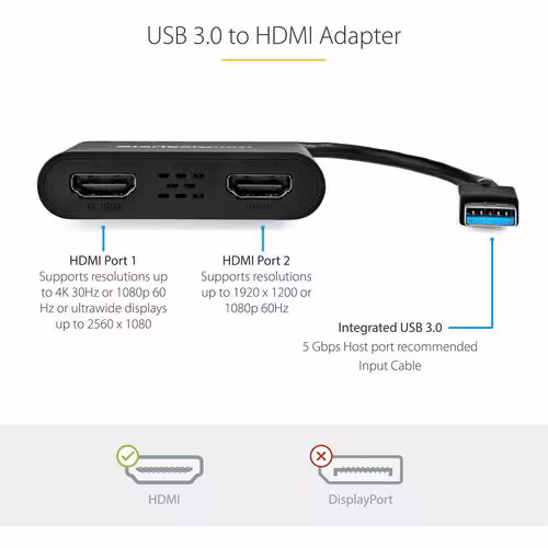 StarTech.com USB 3.0 to Dual HDMI Adapter, USB to 2x HDMI Monitor Converter for Windows (no support for macOS/ChromeOS/Linux)