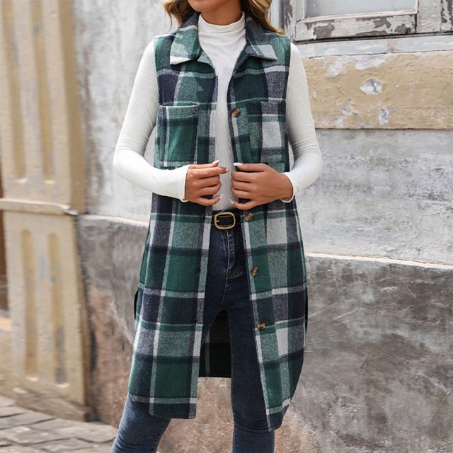 Wiyuqeen Long Flannel Plaid Vest for Women Button Down Sleeveless Shacket 2024 Fall Winter Lapel Jackets Outerwear Trendy Tops with Pockets