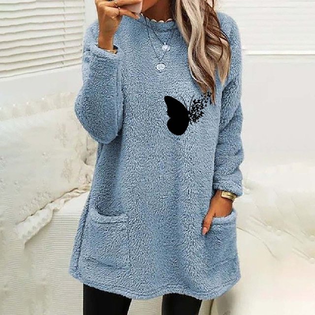 Costumes d'Halloween pour Femmes, Blouse à Manches Longues Chaude à Col Rond avec Imprimé Ample d'Hiver et Poche, Hauts pour Femmes, Costumes d'Halloween en Liquidation