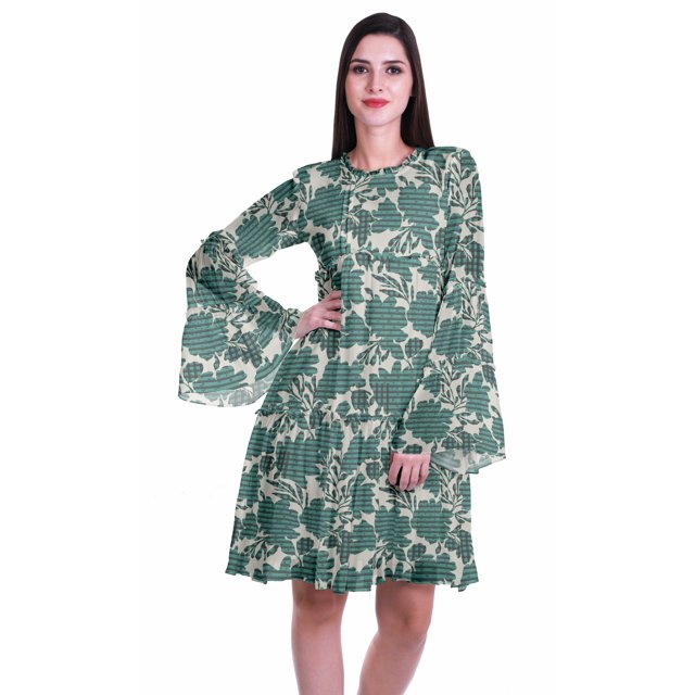 Moomaya Robe d'Été Fluide à Manches Longues Imprimée pour Femmes, Longueur Genou, Évasée