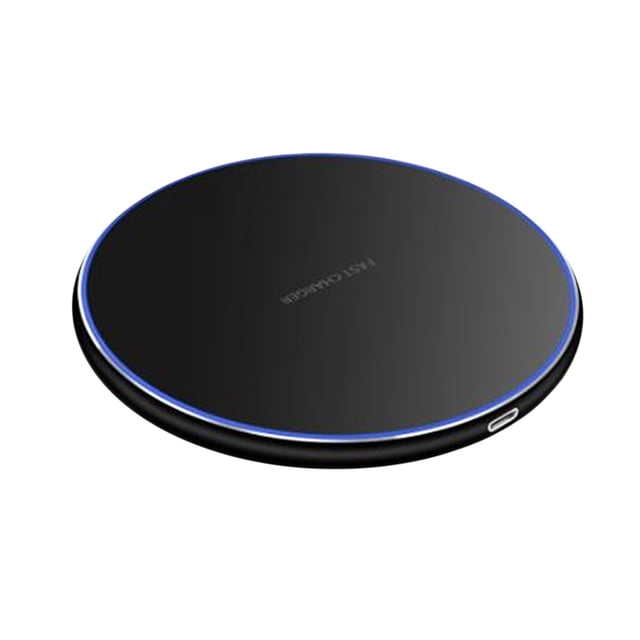 Sentmoon Cell Phone Accessories Universal-thin Mobile Phone Round Desktop Wireless Fast Charger. A sleek, black, round wireless charging dock with a smooth anodized aluminum alloy finish and a subtle blue LED ring. Designed for fast charging with low-temperature protection, it supports devices with Q wireless charging specifications and has a sensing distance of up to 8mm. Features a USB-C input port and intelligent metal foreign object detection for safe and efficient charging.