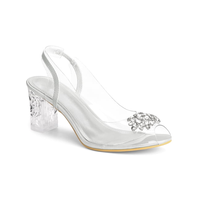 BLISSFUL STEP Women's Shoes Clear Slingback Rhinestone Peep Toe Block Heel Sandals Silver 7
