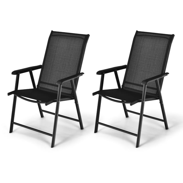 Giantex Folding Dining Chair set of two, featuring portable armrest chairs made of black fabric and powder-coated steel. These lightweight, foldable chairs are perfect for patio furniture, camping, gardening, and beach vacations. Designed for indoor and outdoor use, they offer ergonomic armrests and a slightly tilted backrest for added comfort.