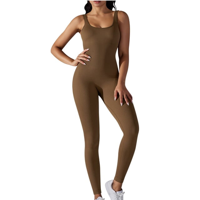 AherBiu Workout Bodysuits for Women Sleeveless Square Neck Ribbed Slim Yoga Jumpsuits Joggers Rompers