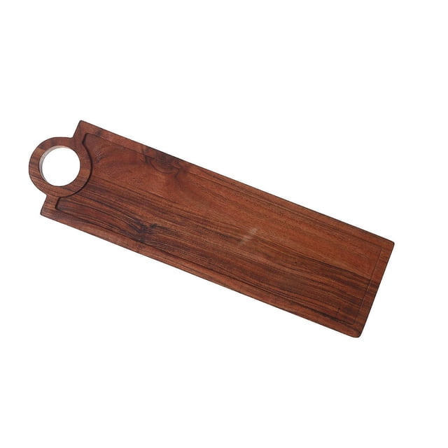 IH Casa Decor Acacia Wood Rectangular Serving Tray With Handle, a brown acacia wood serving board with visible grain, rectangular shape, and circular handle cutout, measuring 23.65 by 5.9 inches, ideal for dining and serving meals in homes or cafes.