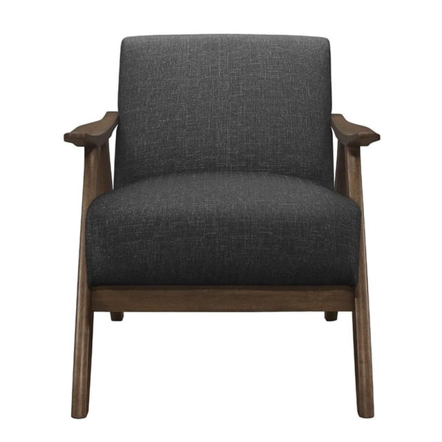 Pemberly Row Mid-Century Fabric Upholstered Accent Chair in Dark Gray. This chair features a solid rubber wood frame with a walnut finish, foam padding over pocket coils, and textured polyester blend fabric upholstery. The attached back and seat cushions provide comfort, while the exposed wood frame adds a retro-inspired touch. Dimensions are 31.50 inches high, 28.50 inches wide, and 32.00 inches deep. Suitable for adults with a weight capacity of 300 lbs. Assembly required.
