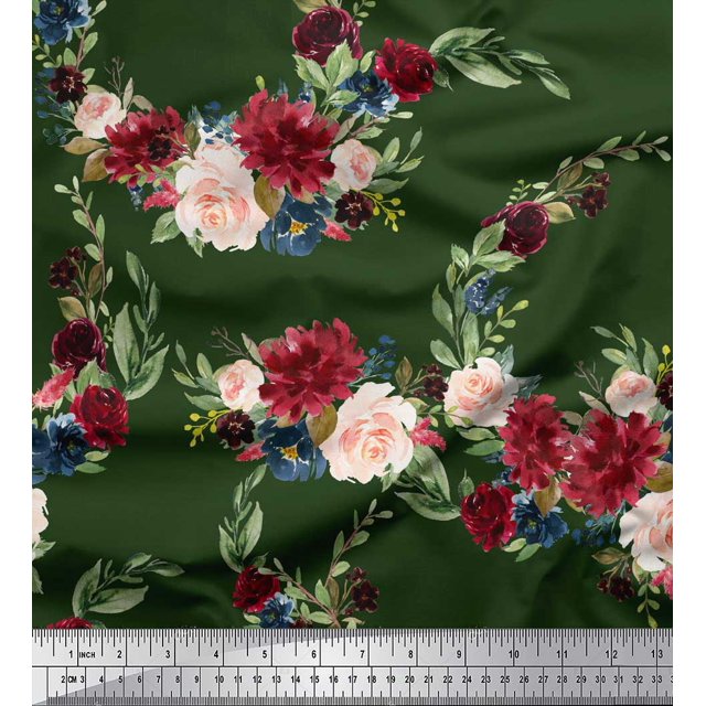 Soimoi Green Heavy Canvas Fabric Ranunculus & Penoy Floral Print Print Sewing Fabric By the Yard 58 Inch Wide