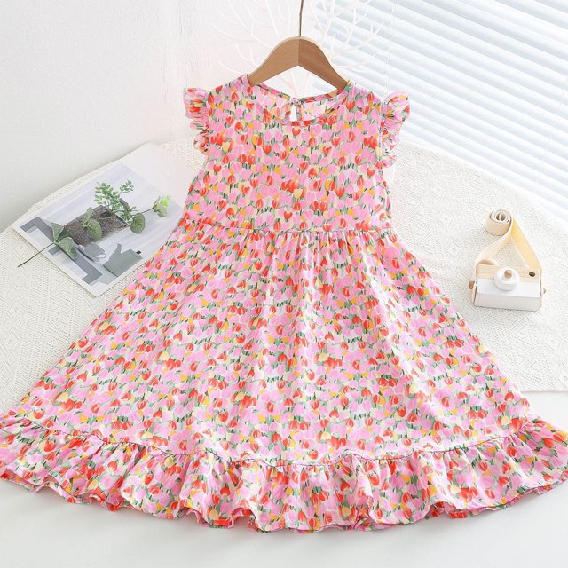 LOVZFMLL Girls' Summer Solid Color Short Sleeve Round-Neck Mesh Princess Dress For Kids