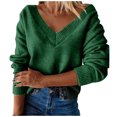 thumbnail image 2 of Mode Femmes Couleur Unie Pullove à Manches Longues Chandail à Col en V Pull Tops, 2 of 4