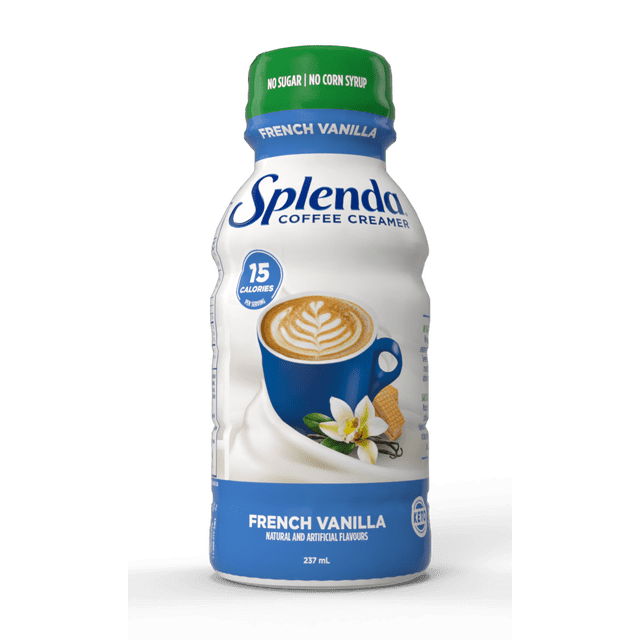 Splenda, Sugar Free, French Vanilla Coffee Creamer, 236mL bottle with green cap and blue label, featuring a blue coffee cup with latte art, vanilla flower, and waffle piece, highlighting zero sugar, zero corn syrup, 15 calories per serving, keto- and diabetes-friendly non-dairy creamer ideal for coffee and recipes.