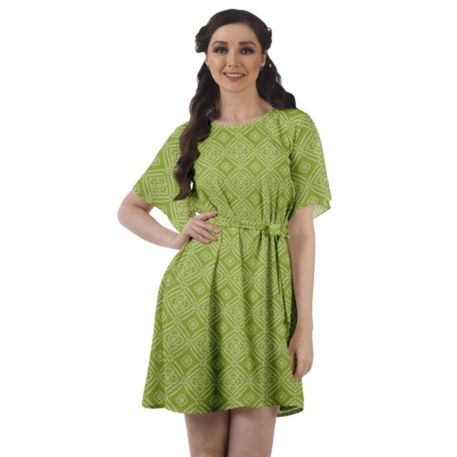Moomaya Moss Georgette Bell Sleeves Short A-Line Printed Summer Dress For Women