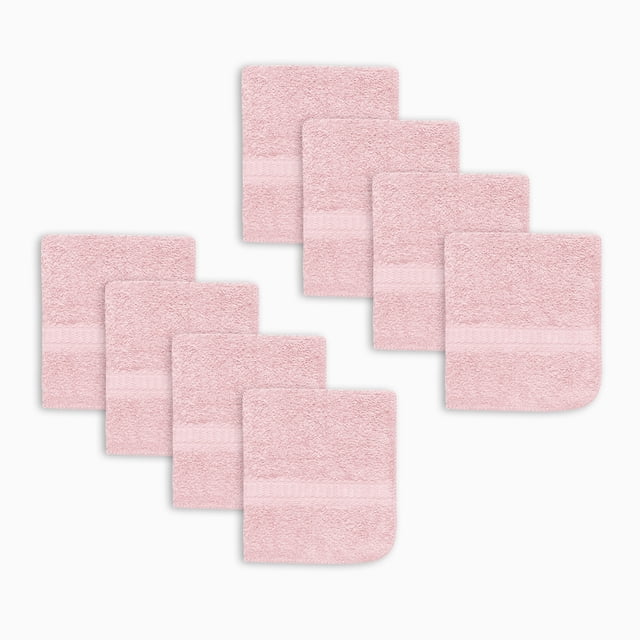 Mainstays Basics Ensemble de 8 Débarbouillettes Roses, Montrant Huit Débarbouillettes Douces 100 % Coton avec une texture Éponge et une Bande Tissée Près du Bord, Disposées en Deux Rangées Quadrillées sur un Fond Blanc. Ces Débarbouillettes Légères et Lavables à la Machine Conviennent à l'Usage Quotidien dans la Salle de Bain et comme Serviettes d'Invités.