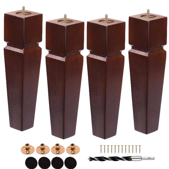 Square Wood Furniture Legs Set of 4 - Wooden Replacement Feet for Couch Bed Bench Dresser Rubber Wood Parts for Table Sofa Wooden Legs Chairs Complete with Installation Hardware (Brown 12 inch)