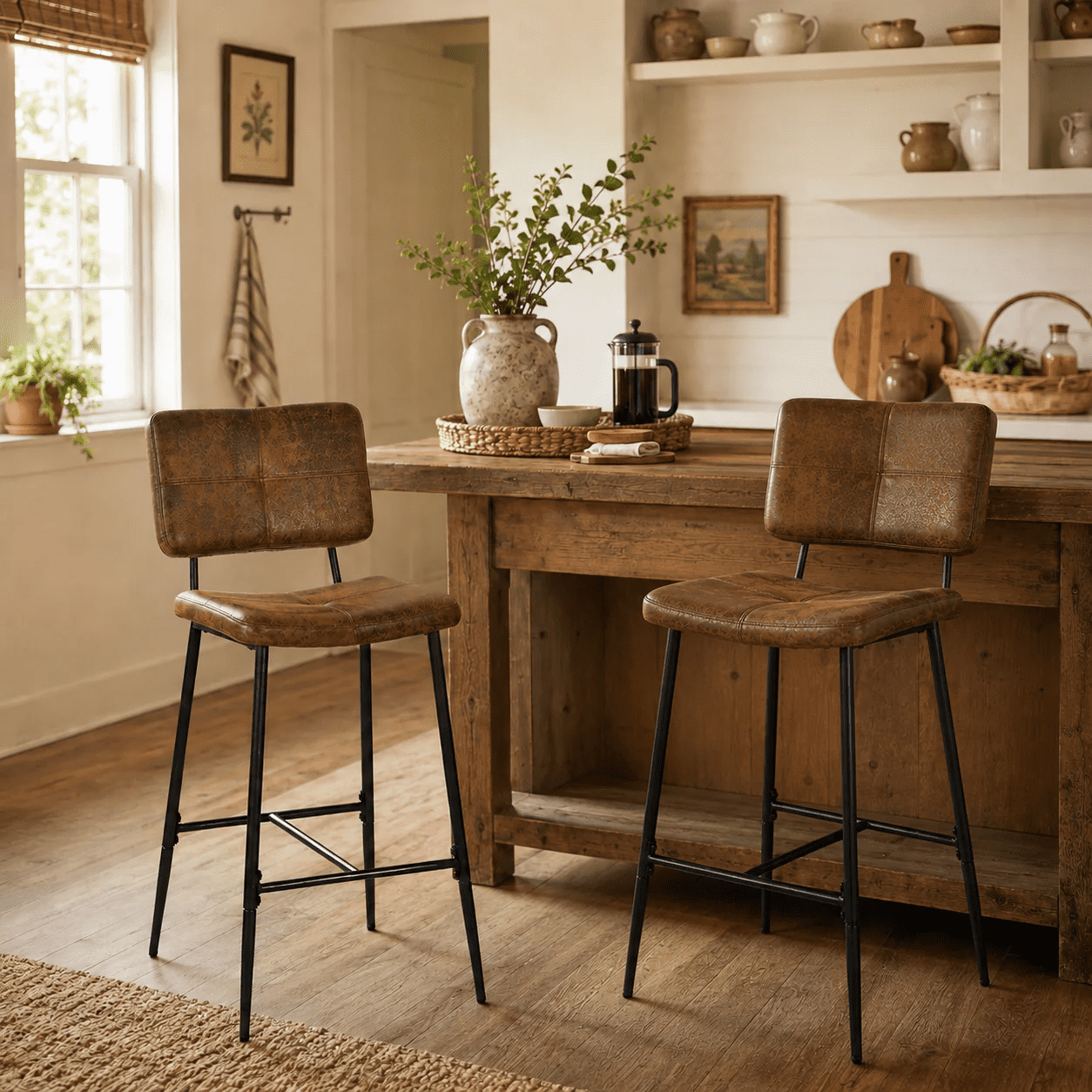 Homy Casa Counter Height Dining Stools Set of 2, Brown Upholstered Chairs for Kitchen Island and Home Bar