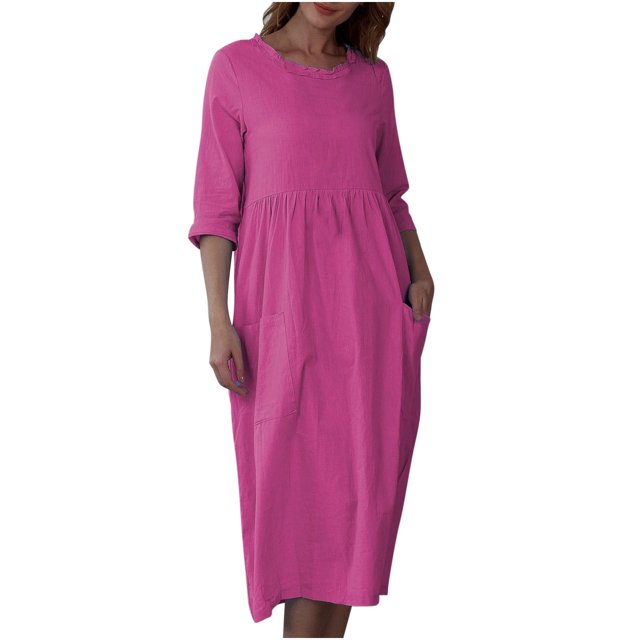 Ersazi Robe pour Femmes, Printemps, Couleur Unie, Manches Trois-Quarts, Col Rond, Décontractée, Ample, avec Poches, en Liquidation, Rose Vif, TG