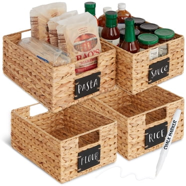 Best Choice Products Ensemble de 4 Paniers de Garde-Manger en Jacinthe d'Eau 9x12 Po, Organisateurs de Cuisine Tissés avec Étiquette Tableau à Craie, Marqueur à Craie - Naturel
