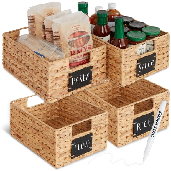 Best Choice Products Set Of 4 9X12In Water Hyacinth Pantry Baskets, Woven Kitchen Organizers W/Chalkboard Label, Chalk Marker - Natural