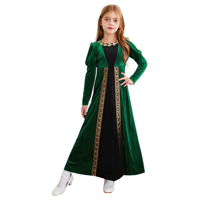 iiniim Kids Girls Renaissance Medieval Royalty Princess Costume Velvet Gold Flowers Color Block Long Gown Green 10