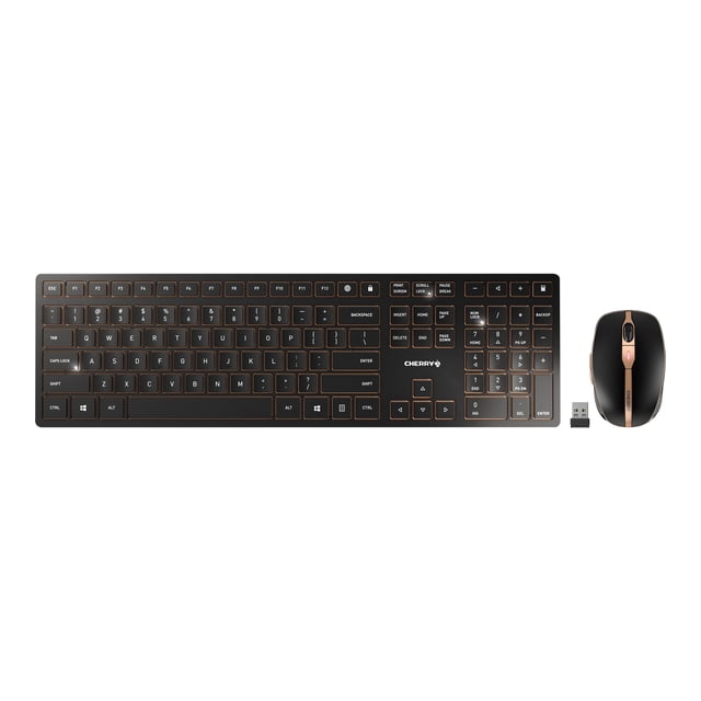 CHERRY DW 9100 Ensemble Mince Clavier et Souris Sans Fil combo en Noir et bronze avec un Clavier USB Ergonomique avec Touches Courbées, Repose-Paume Rembourré en Mousse Mémoire, Pieds Rabattables Ajustables, Câble de 1,8 m, Touches de Contrôle du volume, et une Souris Sans Fil Compacte avec Récepteur USB, Convient pour une Frappe Confortable et Sans Fatigue.