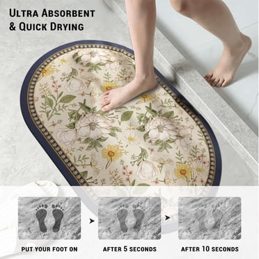 Gogreen Bath Mat - Bathroom Mat Rug Non Slip Super Absorbent Stain Resistant Quick Dry Thin Bathroom Rug-Bath Mats for Bathroom Floor Bathtub Vanity-Bathmat Bath Rug Easy Care (White Flower, 16"x24")