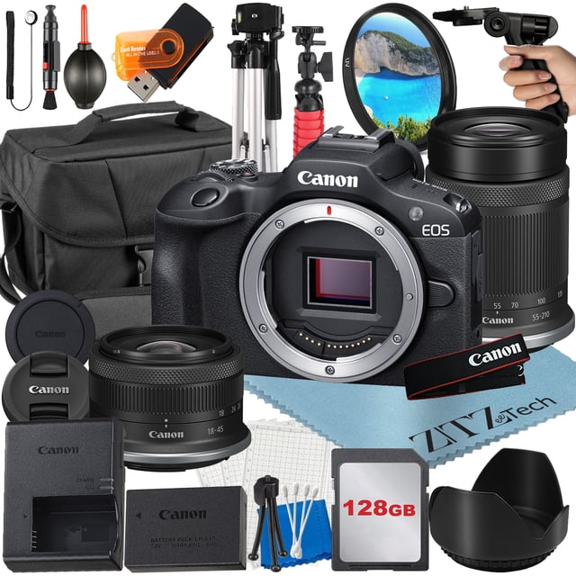 Canon EOS R100 Mirrorless Camera with RF-S 18-45mm + 55-210mm Lens + 128GB Card + Case + Tripod + ZeeTech Accessory