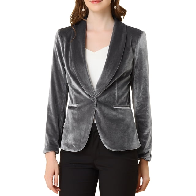 INSPIRE CHIC Women's Halloween Velvet Blazer Solid Color Shawl Collar One Button Wear-to-Work Suit Jacket Gray S