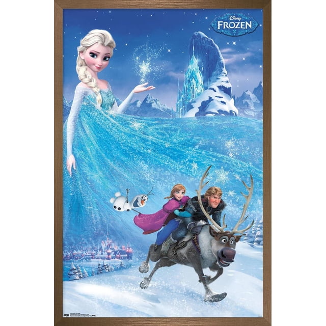 La Reine des Neiges de Disney - Affiche Murale Aventure en une Feuille, 22,375 Po x 34 Po Représentant Elsa dans une Robe Bleu Étincelant Créant des Flocons de Neige, Olaf le Bonhomme de Neige Glissant Joyeusement, et Anna avec Kristoff Chevauchant Sven le Renne à Travers un Paysage Enneigé avec un Château de Glace et des Montagnes Enneigées en Arrière-Plan, Convient à la Décoration Murale de Chambre Ou de Chambre d'Enfant.