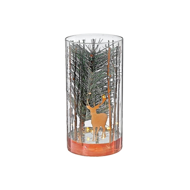 Support en Verre Cylindrique à DEL Rose Doré Pin Grand avec Verre Cylindrique Transparent Présentant des Oeuvres d'Art de Pin Rose Doré et de Cerf, Lumières DEL Multicolores à l'Intérieur, et base en Bois Rose Doré, Convient pour Ajouter une ambiance Saisonnière Chaleureuse à la Déco de la Maison.