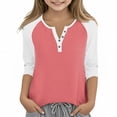 thumbnail image 1 of Cowsor Girl's Casual 3/4 Sleeve T Shirts Button V Neck Tunic Blouses Color Block Basic Tee Tops Loose Fit Summer Shirt, 1 of 6