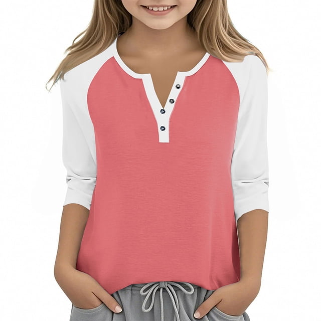 Cowsor Girl's Casual 3/4 Sleeve T Shirts Button V Neck Tunic Blouses Color Block Basic Tee Tops Loose Fit Summer Shirt