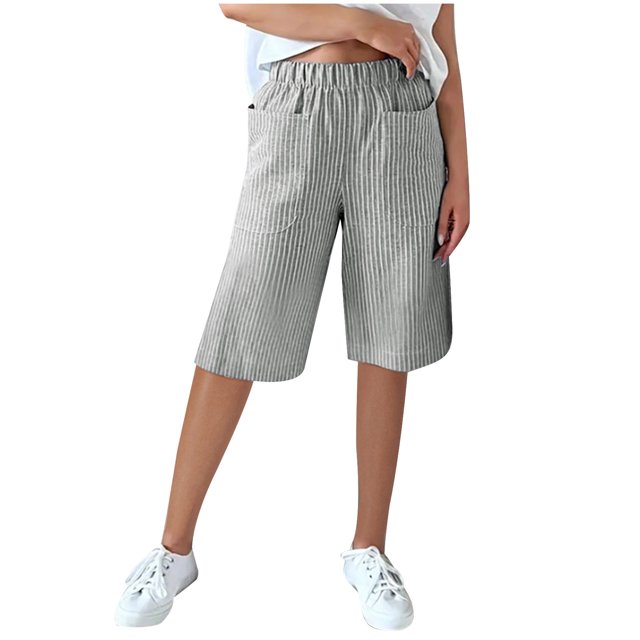 AherBiu Shorts Droits Taille Haute à Rayures pour Femmes avec Poches, XXXX-Large