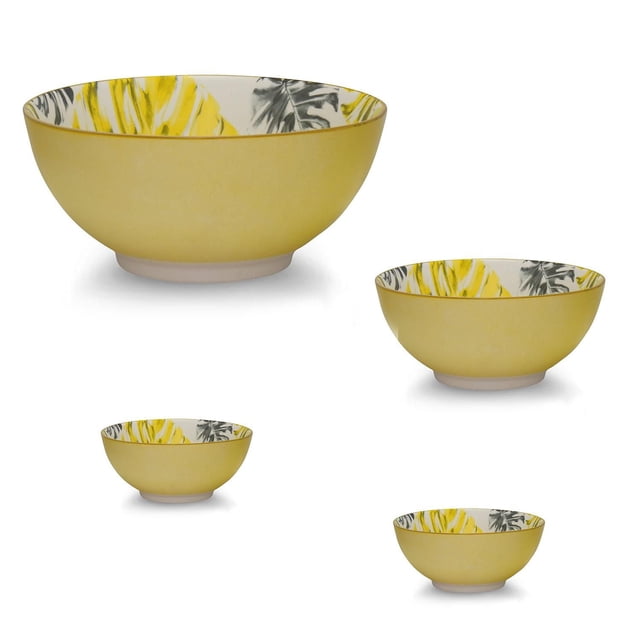 Ensemble de Bols Botaniques Jaunes 4 Pcs Centrés, Vue Orientée vers l'Avant Montrant un Ensemble de Quatre Bols en Porcelaine; Dégradé Jaune Extérieur Se Dilatant de Plus en Plus Clair Autour de Chaque Bol, Motif tropical Coloré à l'Intérieur, Vaisselle de Service en Porcelaine Adaptée pour Servir des fruits, des Salades Ou une Soupe, Va au Lave-Vaisselle.