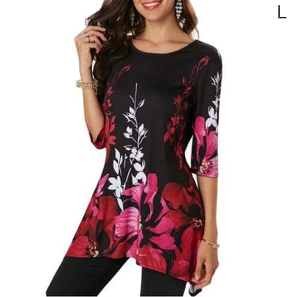 Blouse Half-Sleeve Summer T-Shirt Floral Print Woman Summer Top, floral print summer T Red, L