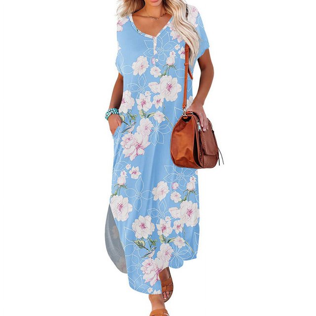 Robes pour Femmes 2024 Été Surdimensionnées Aguichant Imprimées Amples Fendues à Manches Courtes à Col en V Robes avec Poches Rabais de 50 % Liquidation!