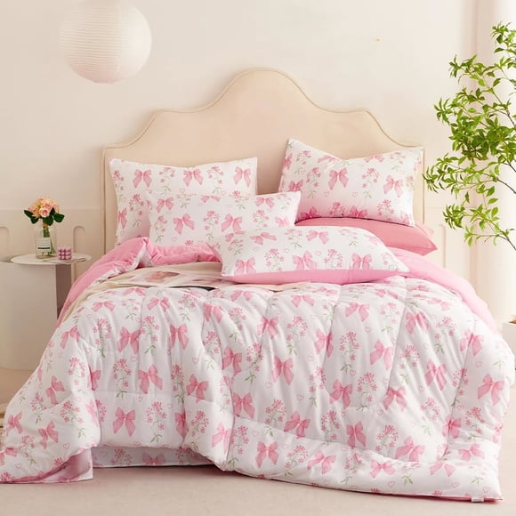 Nayoroom 2 Pieces Girls Pink Floral Twin Comforter Set Romantic Princess Style Bowknot Bedding Set Ultra Soft Reversible Garden Flower Comforter with Pillowcases