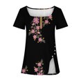 thumbnail image 4 of Hauts d'Été pour Femmes Grande Taille à Manches Courtes Mode Femmes Décontracté Imprimé Col Carré Manches Courtes Boutons Hauts Blouses Amples T-Shirt à Col en V Femmes en Liquidation, 4 of 5