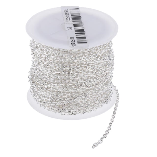 10 yards roll of chain curb chain and snake chain jewelry wire made of metal, shown in a silver finish. The spool contains fine chains measuring 2x3mm (0.08x0.12 inches) ideal for DIY necklaces, bracelets, anklets, extenders, and beading supplies. Includes lobster claw clasps for crafting chains and jewelry making.