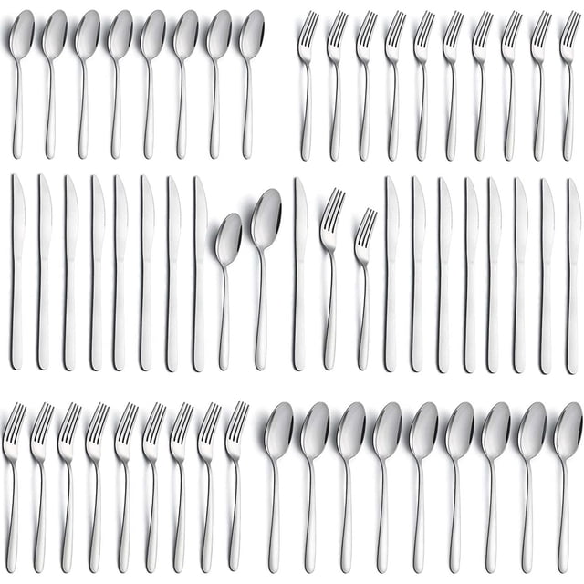 Bestdin Silverware Set, 40 Pieces Stainless Steel Flatware Set for 8, featuring a mirror-polished finish. Includes 8 dinner spoons, 8 dinner knives, 8 dinner forks, 8 salad forks, and 8 teaspoons. The set is displayed in an organized layout, showcasing its sleek and classic design. Suitable for home kitchens, restaurants, hotels, and special occasions. Dishwasher safe for easy cleaning.