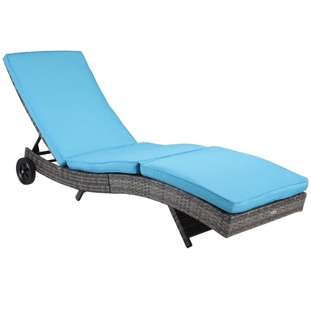 Outsunny Chaise Longue en Osier avec Coussin et Roues pour Patio, Terrasse, Bleu Ciel