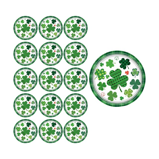 St. Patrick's Day Party Plates Set Disposable 7 inch and 9 inch Green Paper Plates with Trefoil Design Happy St. Patrick's Day Lettering