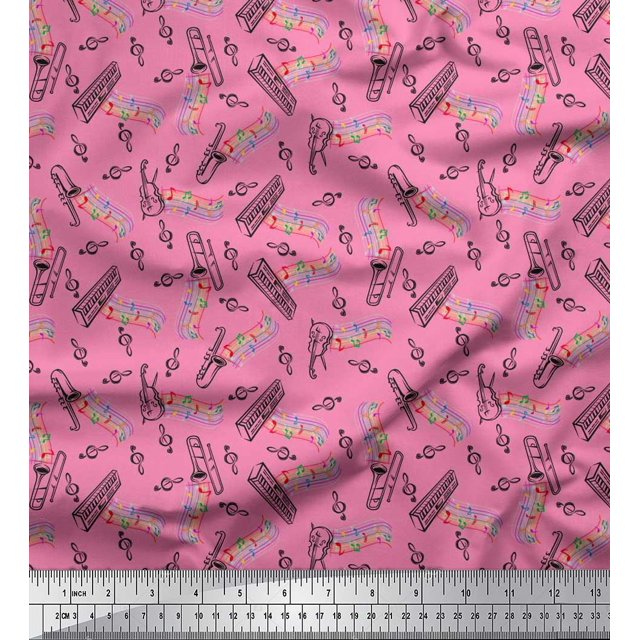 Soimoi Crepe Silk Fabric Notes,Piano & Guitar Musical Instrument Printed Fabric 1 Yard 42 Inch Wide