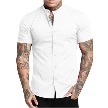 XZNGL Chemises Habillées à Manches Courtes pour Hommes Mode Homme Décontractée Uni Col Montant Bouton Blouse à Manches Courtes Hauts Chemise Chemise à Manches Longues Homme Chemises Habillées à Manches Courtes pour Hommes Chemises pour Hommes à Manches Courtes
