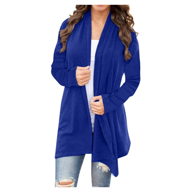 UPPADA Long Button Down Cardigans for Women Dressy Cardigan Open Front Sweater Open Back Sweatshirts with Pockets Blue,M