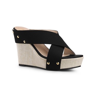 BLISSFUL STEP Chaussures pour Femmes à Plateforme Compensée à Brides Croisées Clous Tige en Tissu Sandales à Talons à Bout Ouvert Noir 6