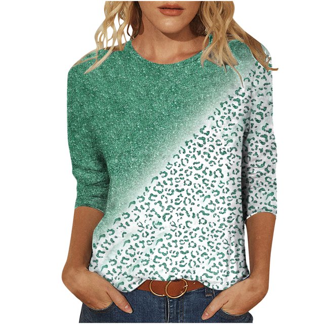 Pompotops T-shirt Ample à Imprimé Léopard pour Femme, Manches 3/4, Col Rond, Haut Décontracté, Liquidation