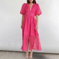 thumbnail image 2 of Mikilon Robes d'Été pour Femmes Ensemble Jupe Aguichant Robe à Carreaux à Manches Courtes Lanterne Aguichant à Col en V Profond Robes Gaine Mode Décontractée Taille Haute Unie Robe de Soirée avec Fente Rose Vif P, 2 of 6