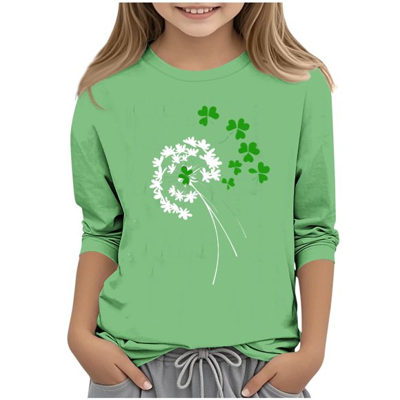 Children's St. Patrick's Day Print 3/4 Sleeve Round Neck Top for Kids Long Sleeve Cute Casual Daily Wear