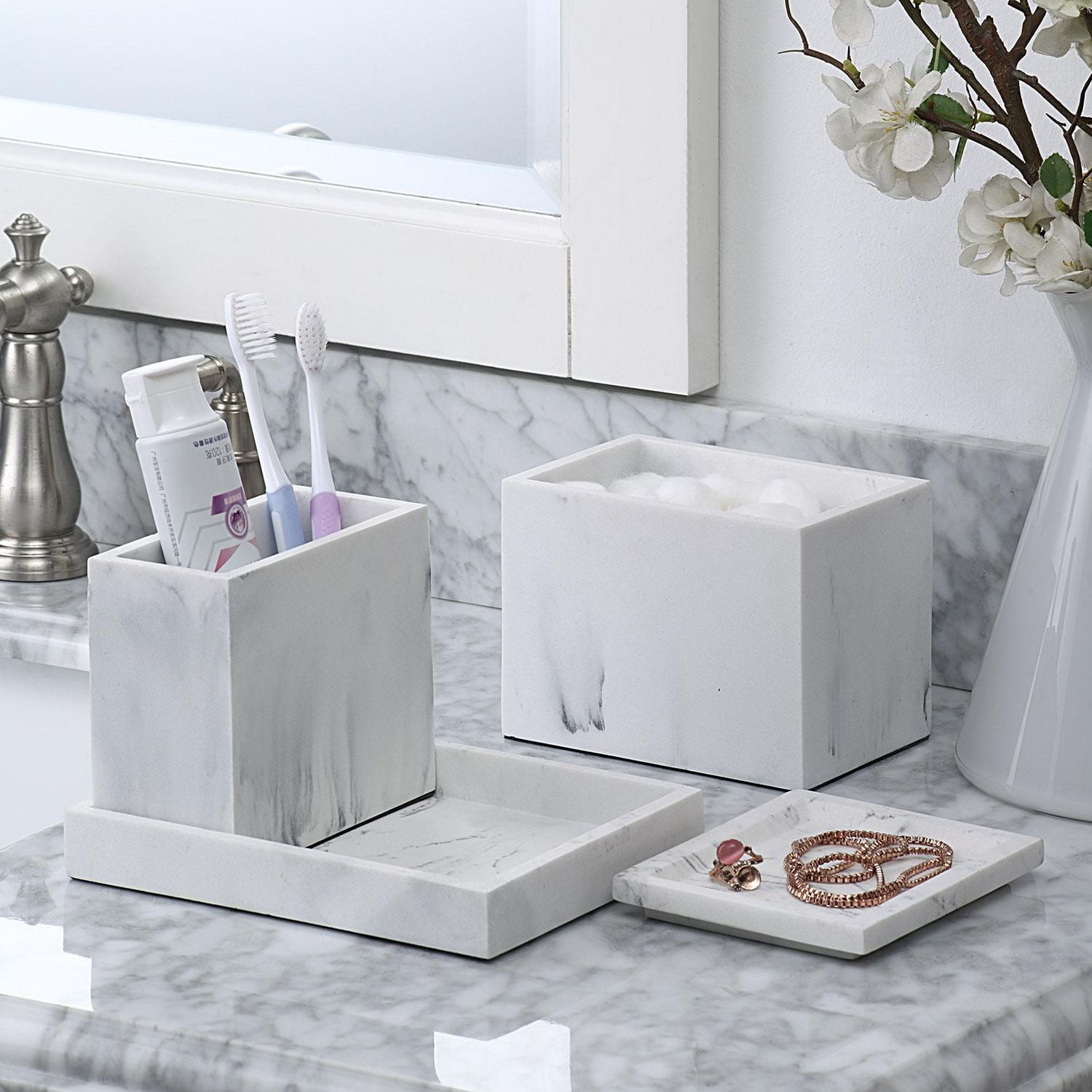 hometrends Ensemble de 4 organisateurs de meuble-lavabo en faux marbre avec côté magnétique, organisateur de meuble-lavabo en grès