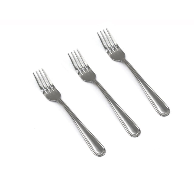 Mainstays 3-Piece Fleetline Dinner Fork set featuring three 7-inch stainless steel forks with ergonomic handles and a polished finish, arranged diagonally on a white background, dishwasher safe and suitable for everyday use or supplementing existing flatware.