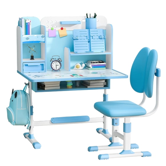 Neinkie 2Pcs/Set Kids Study Desk Chair Set, Height Adjustable Children School Study Table Chair Set with Sitting Corrector, Ergonomic Desk Chair with Book Stand, Foot Pedal, Partition Design